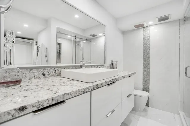 a bathroom with a granite countertop sink a toilet and a large mirror