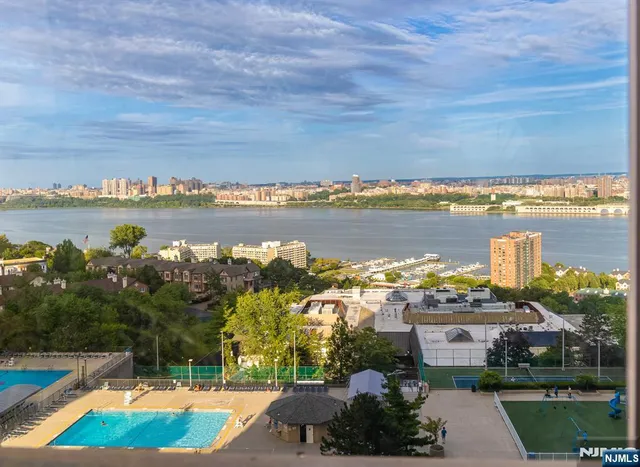 a view of a lake with a city view