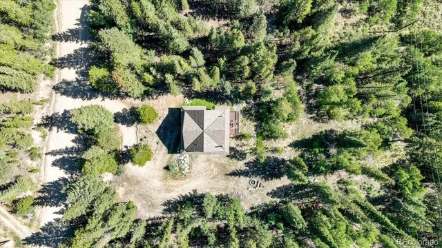 an aerial view of a house with a yard and large trees