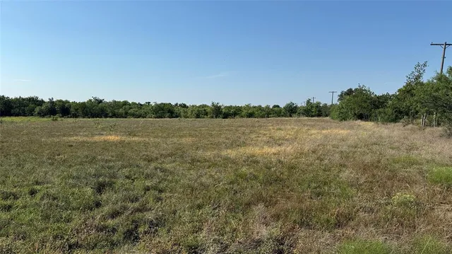 a view of field with trees in background