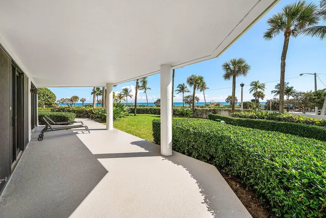 a view of a house with a yard and potted plants