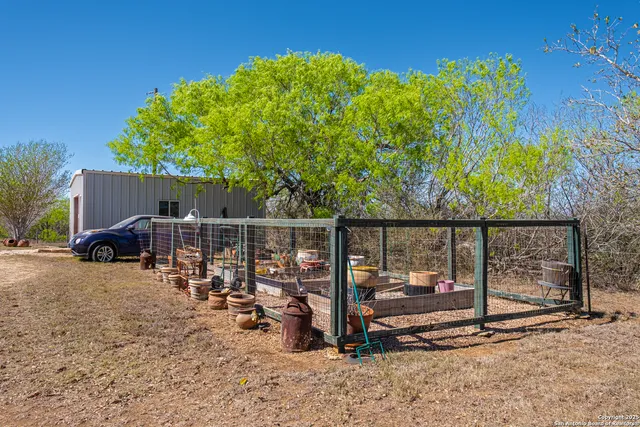 a view of a dry yard with wooden fence