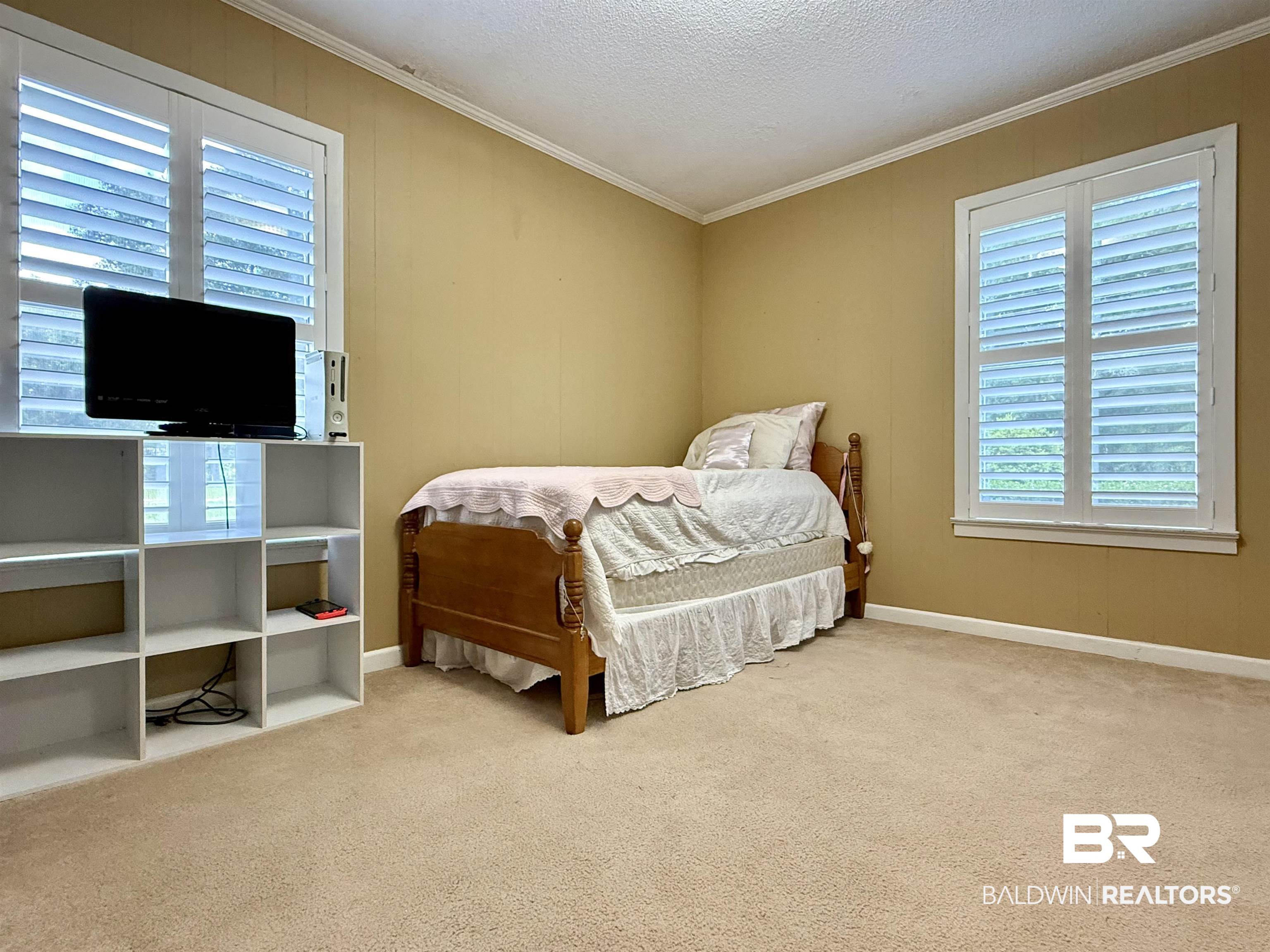 5971 Appleton Road Brewton, AL 36426 - Photo 15 of 23 Bedroom featuring multiple windows, crown molding, carpet floors, and a textured ceiling