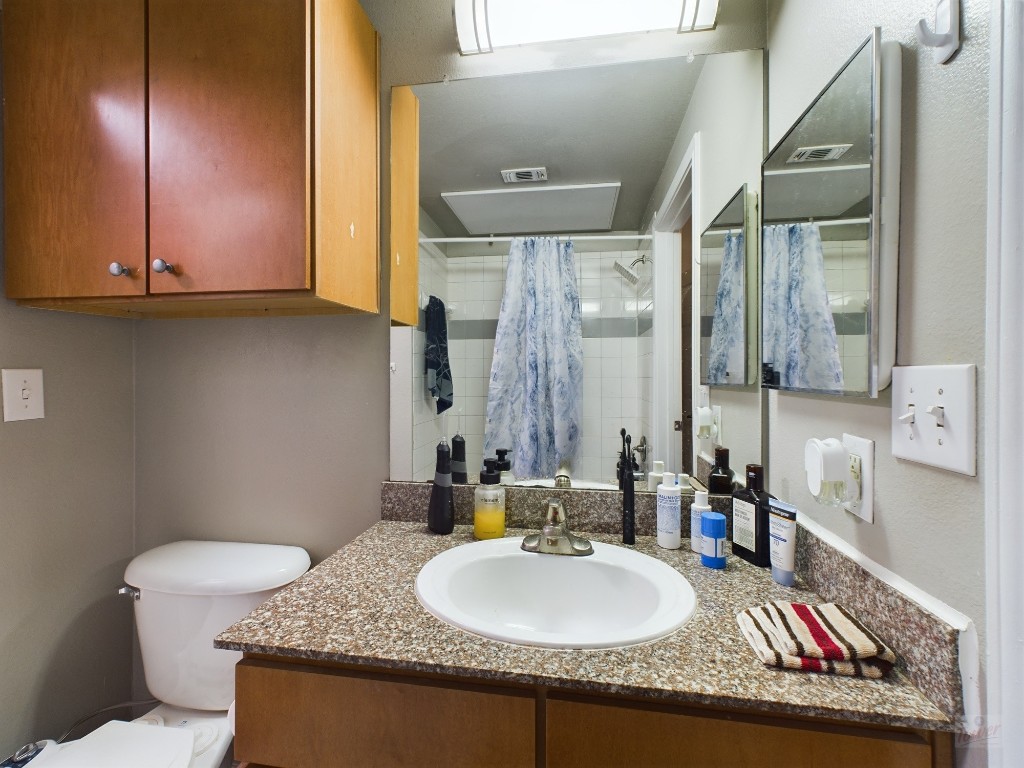 2502 Leon Street, Unit 218 Austin, TX 78705 - Photo 12 of 15 a bathroom with a granite countertop sink a toilet a mirror and shower