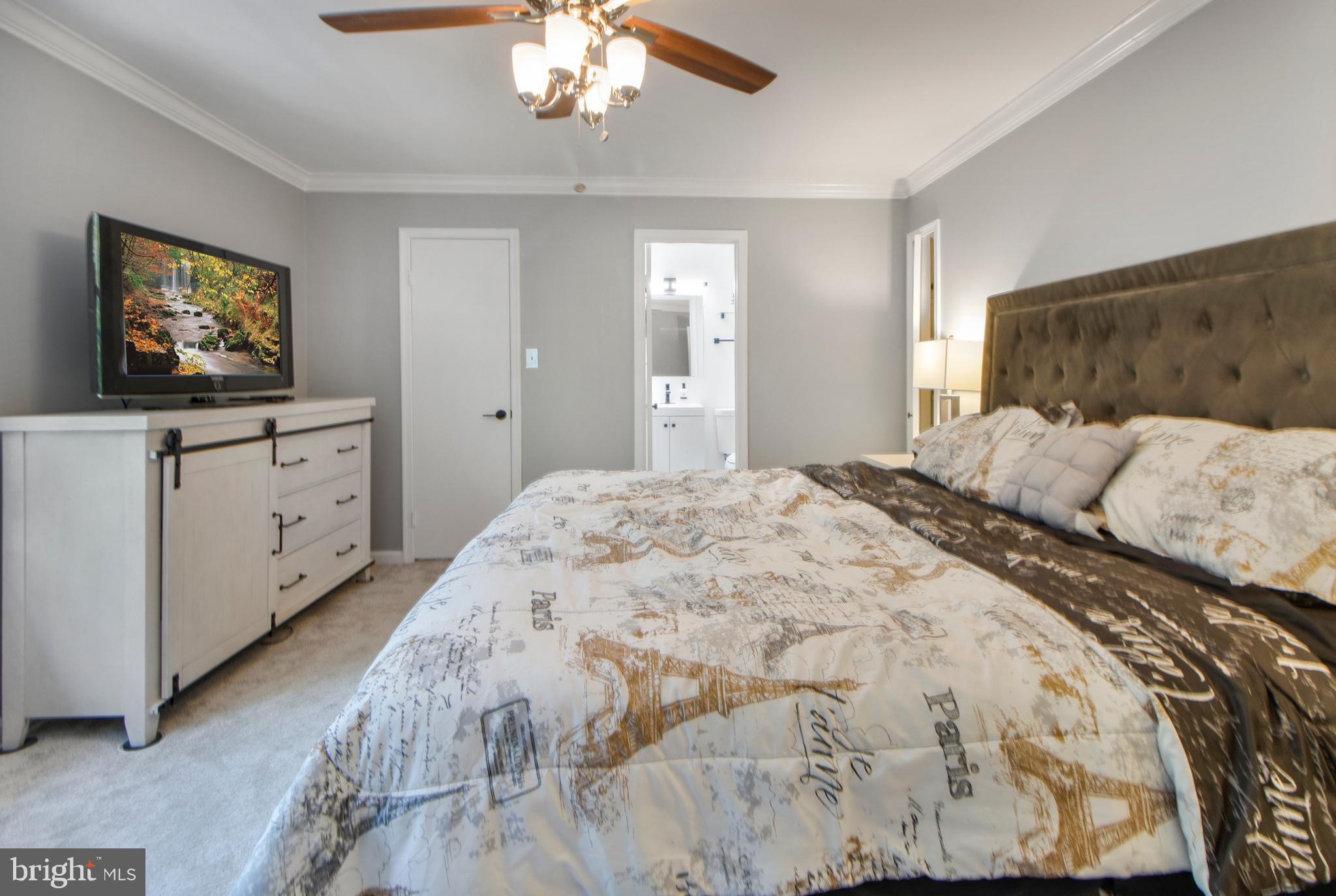 14432 Bakersfield Court Silver Spring, MD 20906 - Photo 32 of 60 a bedroom with a bed and a chandelier