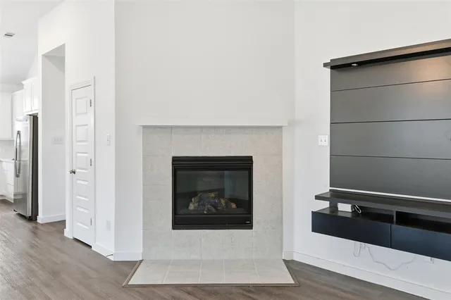 a living room with a fireplace