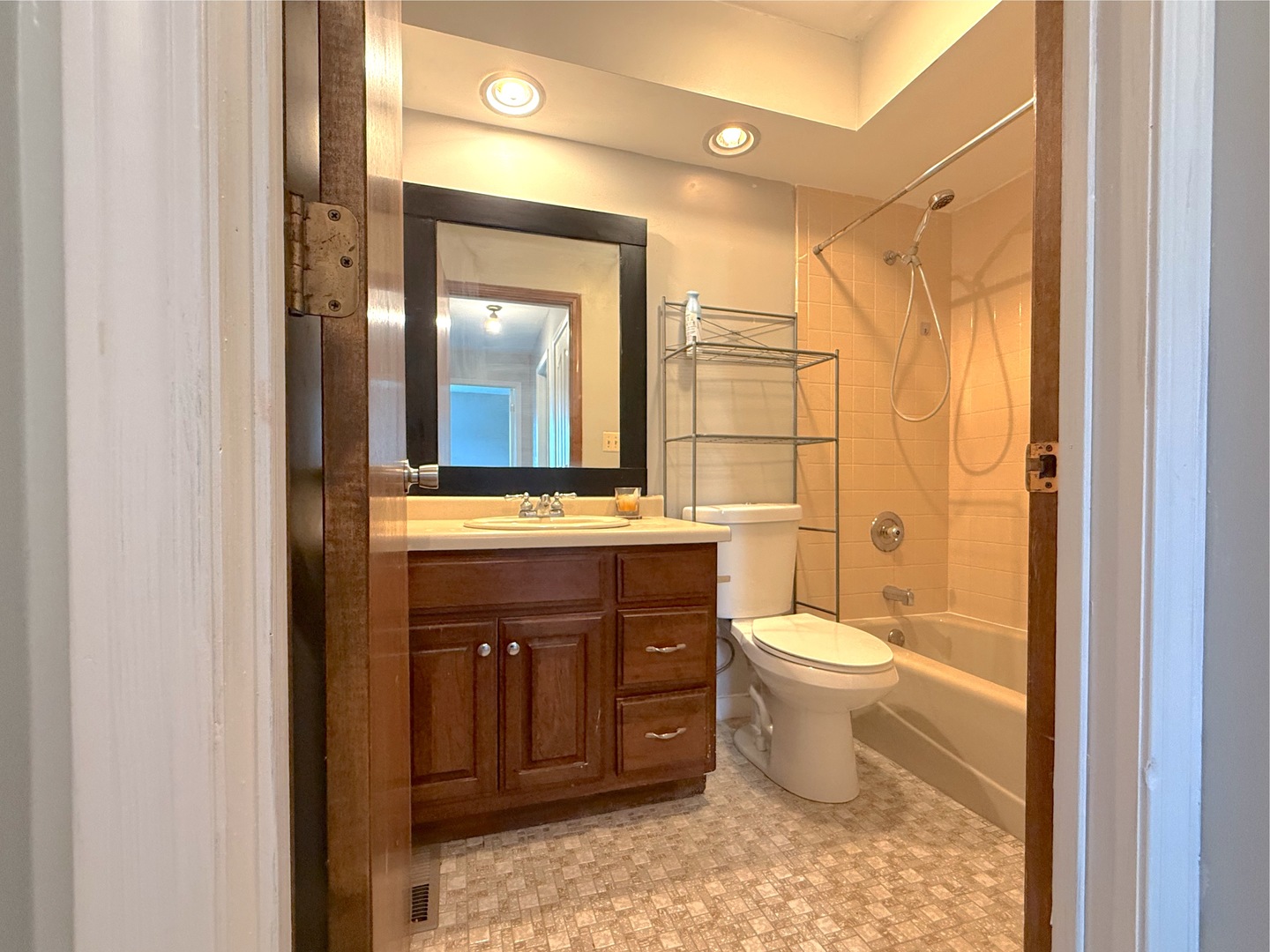 3542 Ronald Road Crete, IL 60417 - Photo 12 of 22 a bathroom with a sink a toilet and shower a mirror