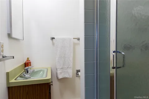 a bathroom with a sink vanity and shower