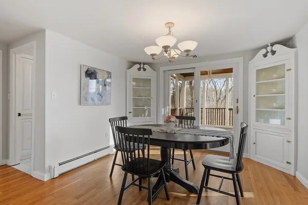 a view of a dining room with furniture and wooden floor