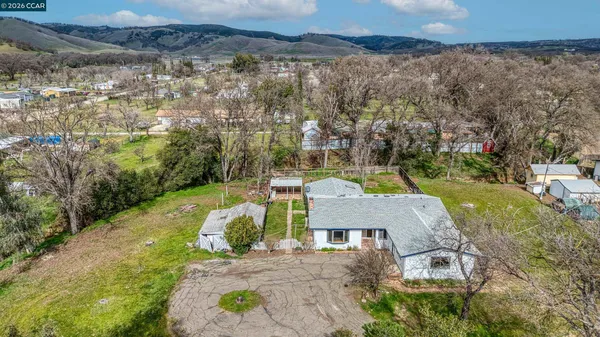 an aerial view of residential houses with outdoor space and trees