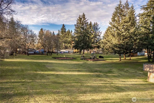 a view of swimming pool with outdoor space and trees in the background
