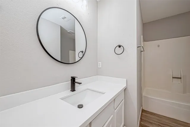 a bathroom with a sink and a mirror