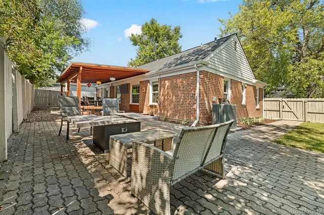 a view of a park with large trees