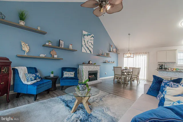 a living room with furniture and a fireplace