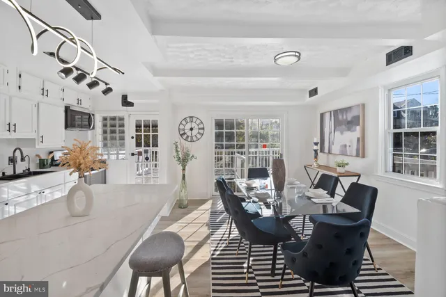 a view of a dining room with furniture