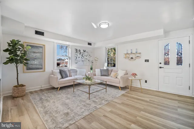 a living room with furniture and a potted plant