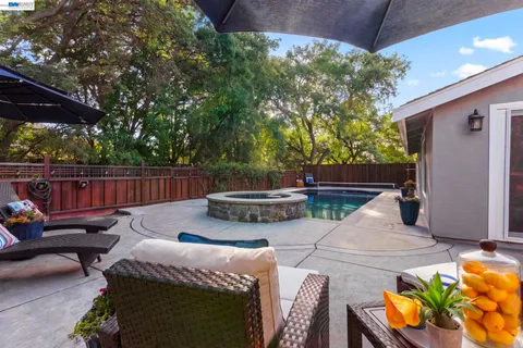 a view of a patio with couches table and chairs under an umbrella with potted plants