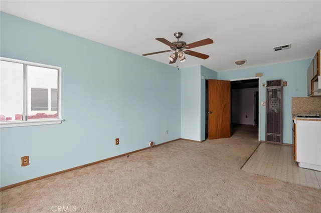 a view of a big room with closet and ceiling fan