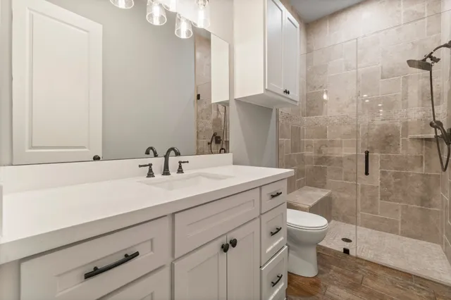 a bathroom with a sink a toilet and shower