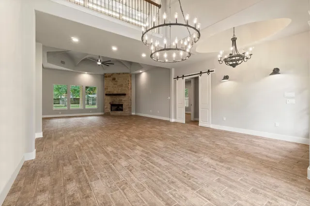 a view of a room with a chandelier