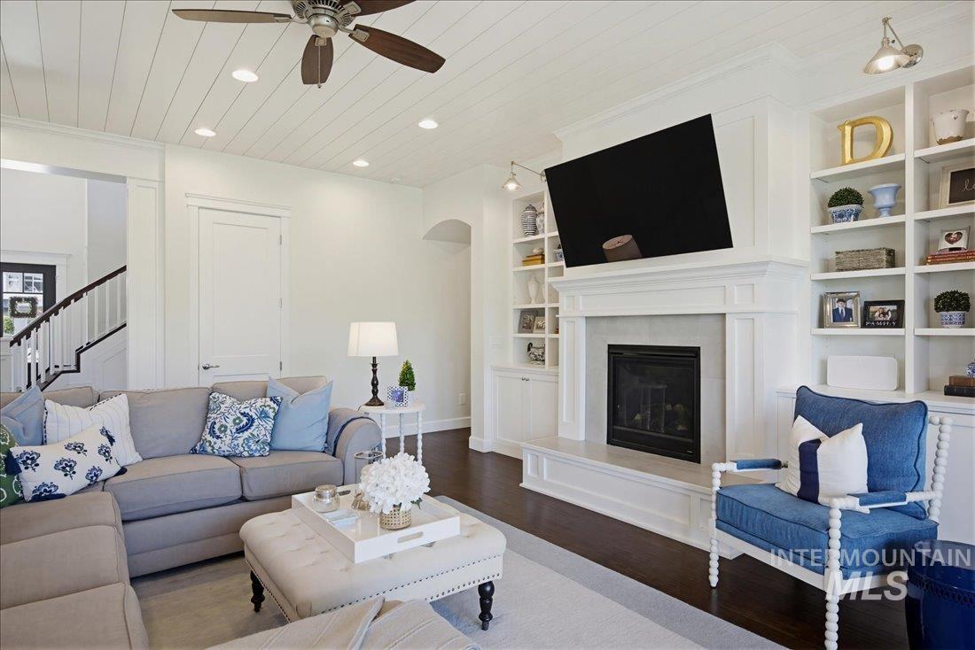 939 South Lake Pointe Way Eagle, ID 83616 - Photo 12 of 50 Living space featuring a white shiplap ceiling with recessed lighting and a ceiling fan