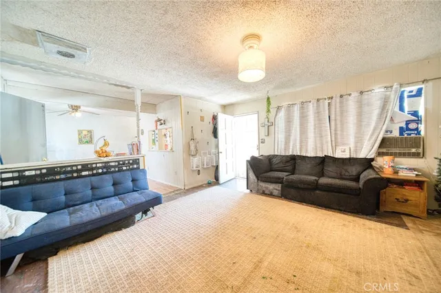 a living room with furniture a ceiling fan and a rug