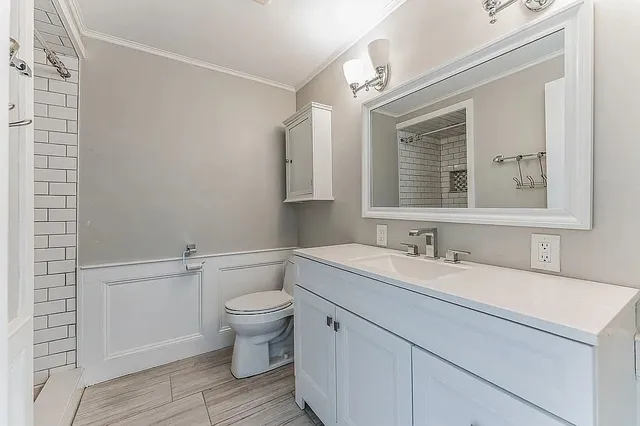 a bathroom with a granite countertop sink mirror vanity and toilet