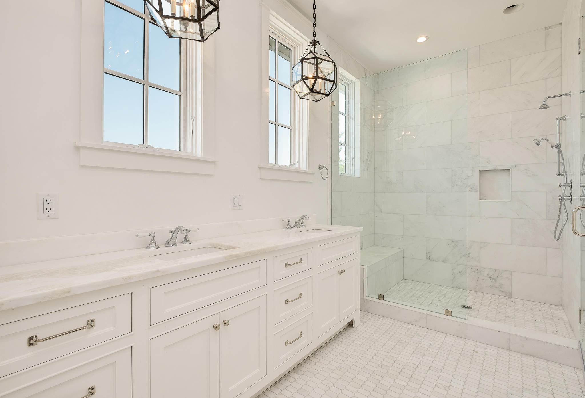 28 Rainer Ln Inlet Beach Inlet Beach, FL 32461 - Photo 32 of 39 a bathroom with a shower a sink and a mirror
