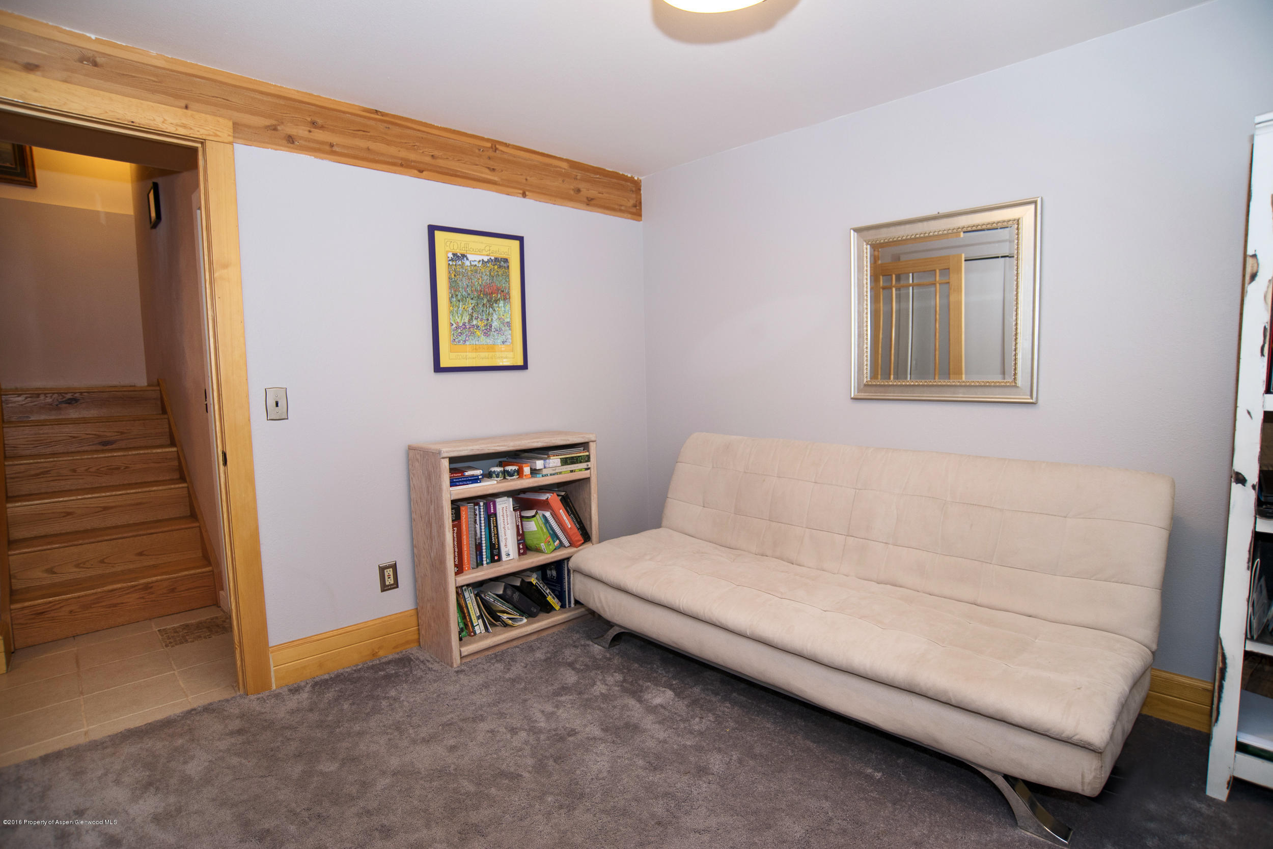 357 Elk Mountain Drive Redstone, CO 81623 - Photo 27 of 40 a living room with a baby crib furniture and a book shelf
