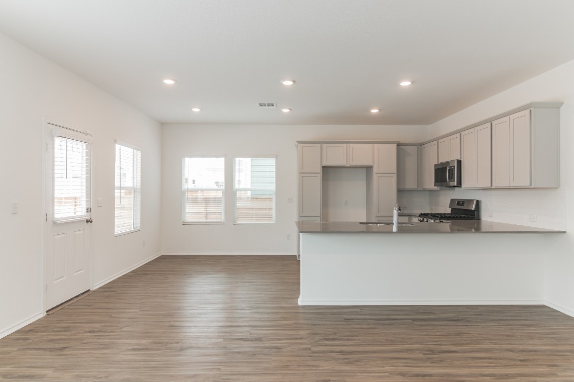 231 Rioja Kyle, TX 78640 - Photo 5 of 29 Kitchen featuring a peninsula, stainless steel appliances, dark wood-type flooring, gray cabinetry, and recessed lighting