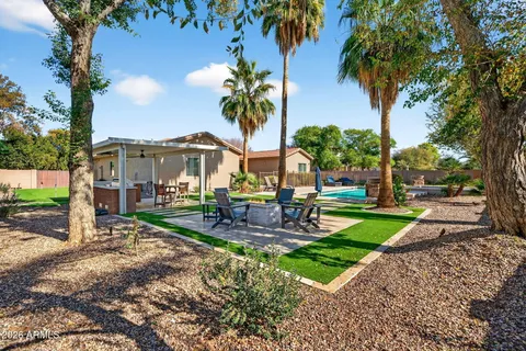 a view of a park with palm trees