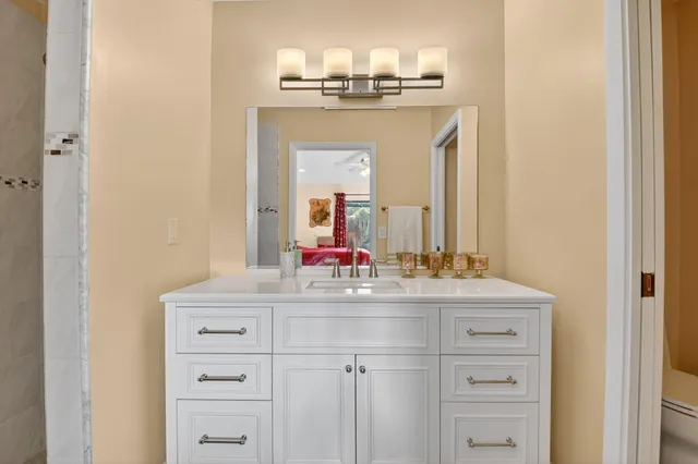 a bathroom with a sink vanity and a mirror
