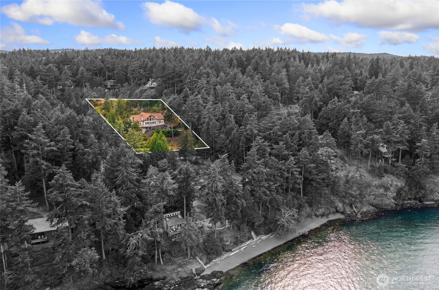 51 Willows Lane Friday Harbor, WA 98250 - Photo 26 of 40 a aerial view of a house with a yard and lake view