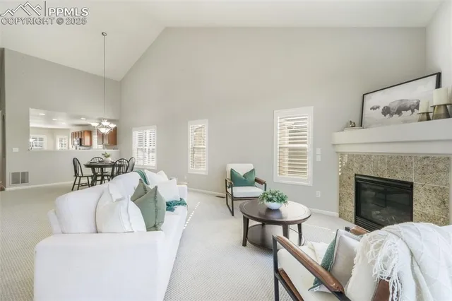 a living room with furniture and a fireplace