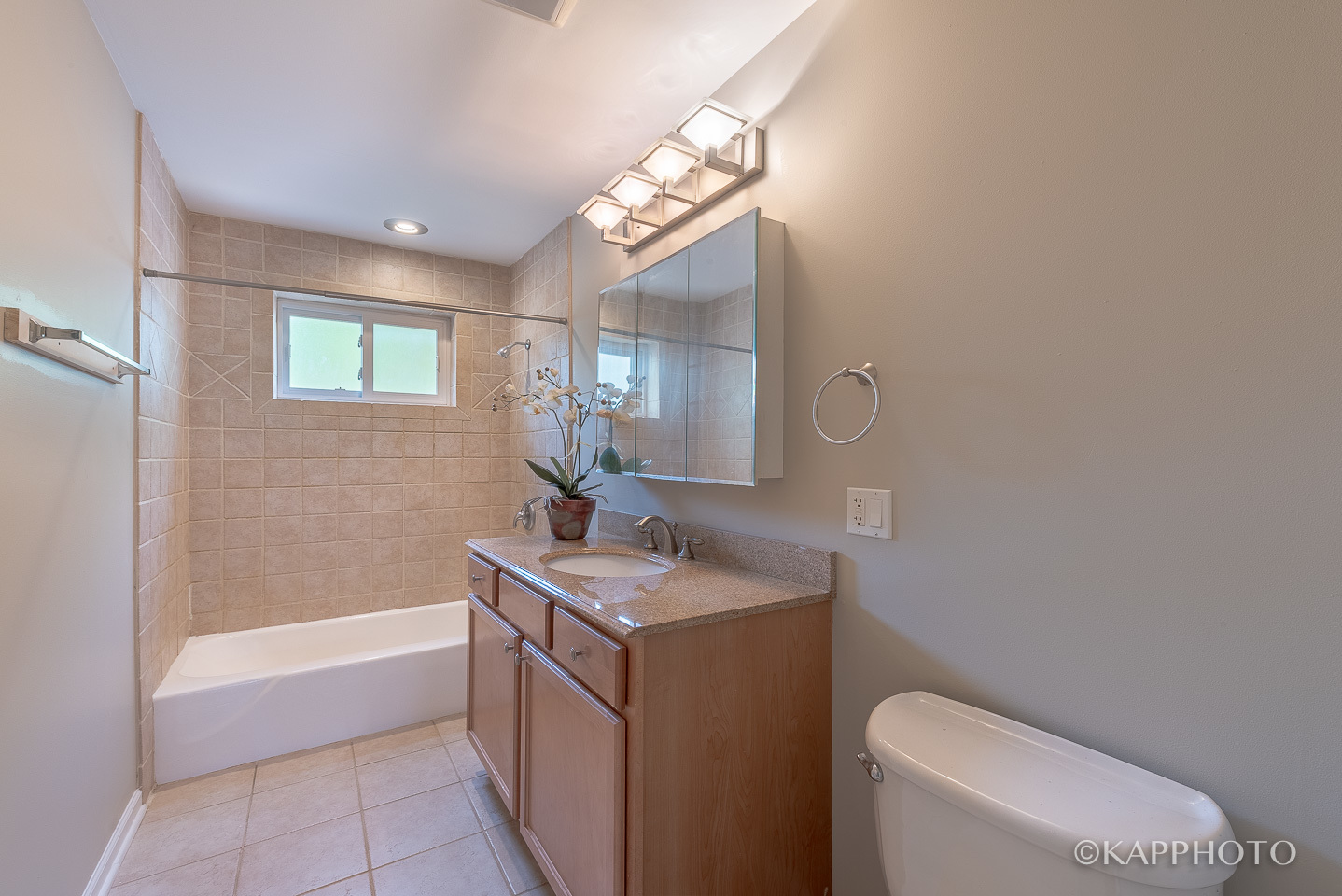 1406 Shermer Road, Unit 1406 Northbrook, IL 60062 - Photo 19 of 28 a spacious bathroom with a granite countertop sink a toilet a mirror a vanity and bathtub
