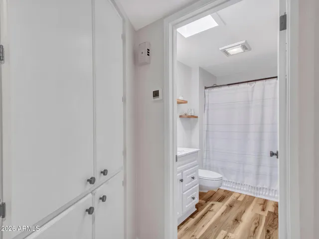 a bathroom with a shower and a toilet