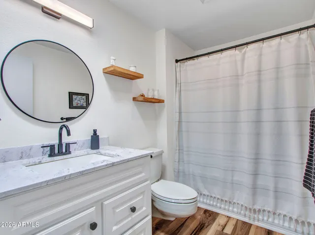 a bathroom with a sink a toilet and a mirror