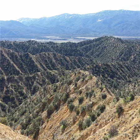 a view of a dry field with mountains in the background
