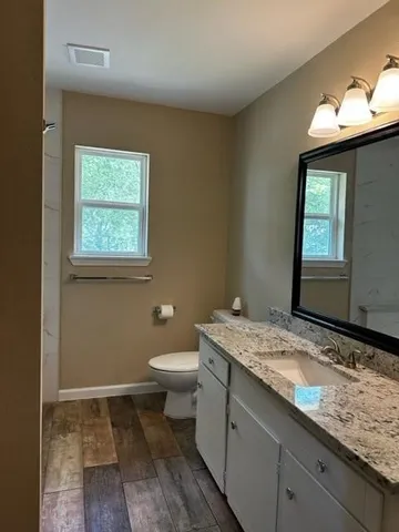 a bathroom with a granite countertop sink and a mirror