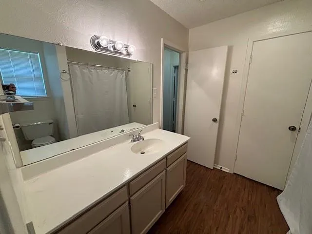 a bathroom with a sink a toilet a mirror and shower