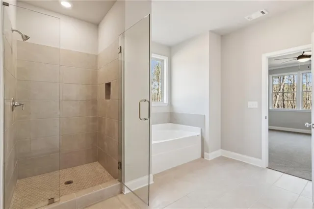a bathroom with a bathtub and a shower