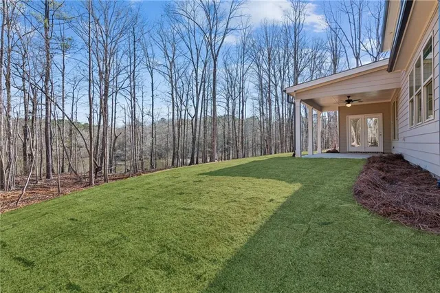 a view of a backyard with pathway