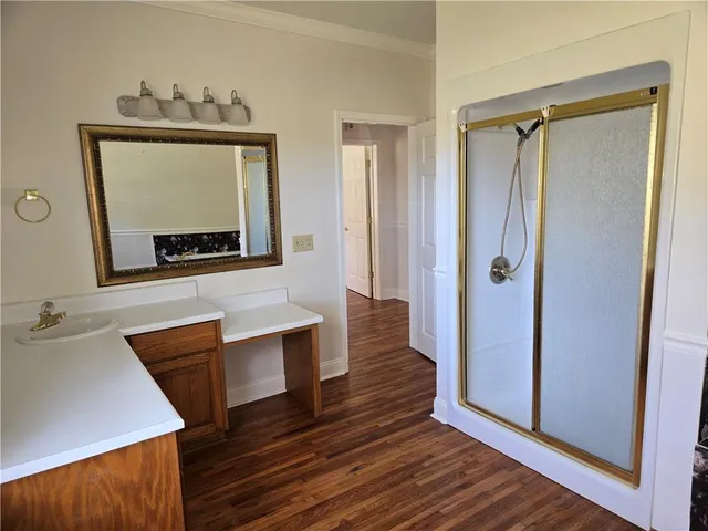 a bathroom with a sink a mirror and a shower