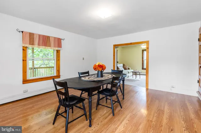 a view of a dining room with furniture window and wooden floor