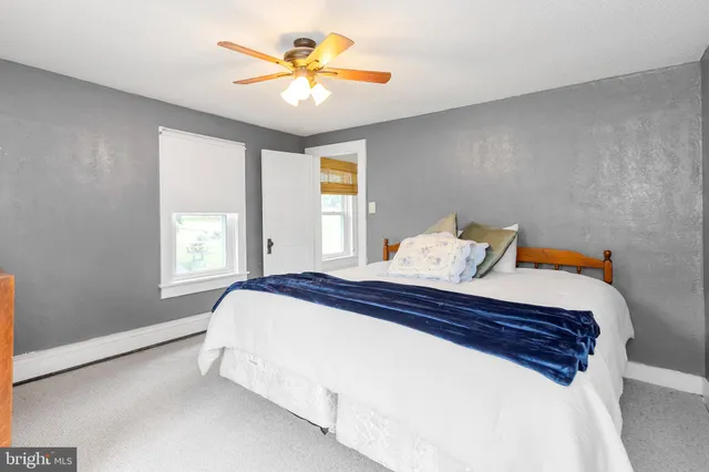 a bedroom with a bed and a ceiling fan