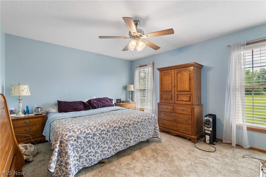 3512 Blake Road Seville, OH 44273 - Photo 23 of 35 Spacious bedroom featuring light blue walls, two large windows with blinds, a ceiling fan with integrated lighting, and neutral carpet flooring