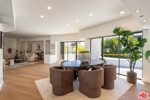 a living room with furniture potted plant and a large window