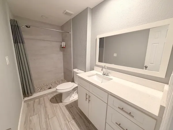 a bathroom with a sink a toilet and shower