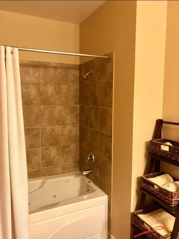 a bathroom with a shower and a bath tub