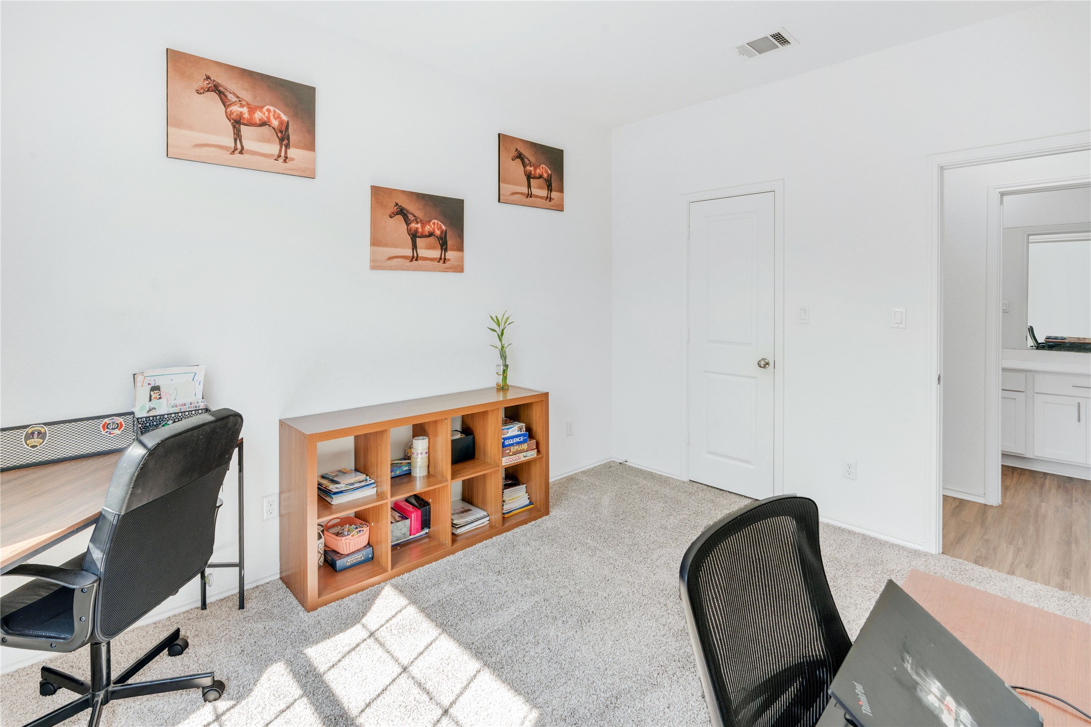 212 Saddle Mountain Road Georgetown, TX 78628 - Photo 4 of 30 A versatile study or home office space featuring soft carpeting and a clear view into an adjacent bath.